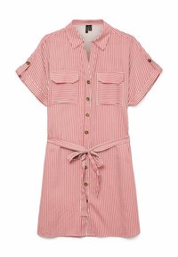 Gestreiftes Kurzarmkleid in Rot und Weiß mit Knopfverschluss, zwei Brusttaschen und passendem Bindegürtel. Weicher Stoff mit lässiger Passform.
