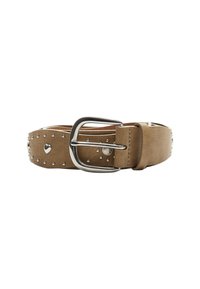 Ceinture en cuir synthétique marron avec des clous argentés et un ornement en forme de cœur, dotée d'une boucle en métal et d'une texture lisse.