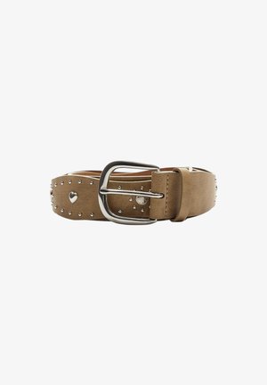 Tan faux leather belt featuring silver studs and a heart-shaped embellishment, with a metal buckle and a smooth texture.