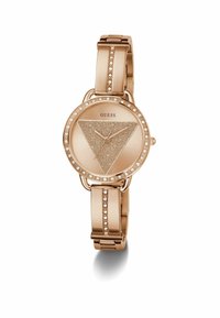 Reloj de oro rosa con una esfera triangular brillante, acentos engastados y una correa de metal lisa con adornos similares a diamantes.