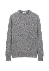Pull pour homme en mélange de laine gris à col rond avec un motif tacheté, poignets, ourlet et col côtelés, présenté sur un fond blanc.