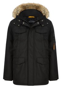 Sort parka-jakke med hætte i kunstpels, mange frontlommer, en lynlåslomme på ærmet og en slidstærk overflade.