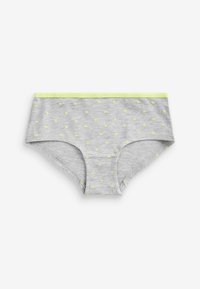 Grijze katoenen slip met een zachte textuur, voorzien van kleine gele hartvormige stippen en een contrasterende neongele tailleband.