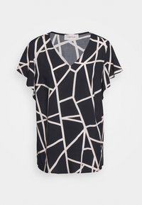 Námořnický vršek s V-výstřihem a krátkými volánovými rukávy, zdobený abstraktním krémovým vzorem protínajících se linií a tvarů. Měkká textilie.