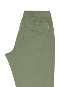 Pantaloni verde oliva in tessuto leggero, con vita elasticizzata, una tasca posteriore e una texture sottile.