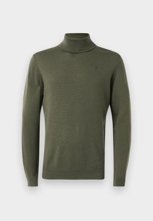Grüner Rollkragenpullover aus glattem Strickstoff. Verfügt über lange Ärmel und ein dezentes Logo auf der Brust. Klassischer Schnitt.