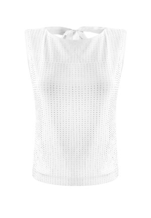 White sleeveless top featuring a tie neck and a textured dot pattern, with a smooth finish and a fitted design.