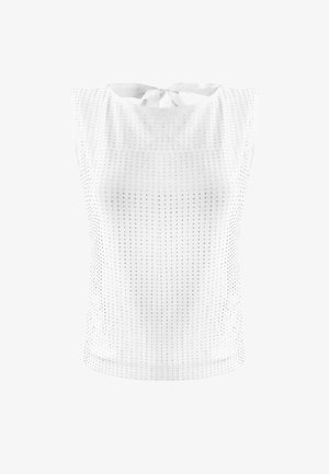 White sleeveless top featuring a tie neck and a textured dot pattern, with a smooth finish and a fitted design.