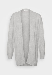 Cardigan aperto grigio chiaro realizzato in tessuto a maglia. Caratterizzato da maniche lunghe con dettagli testurizzati e una vestibilità ampia e comoda.