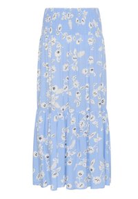 Jupe fleurie bleu clair avec une taille smockée, un design à volants et un imprimé floral blanc avec des accents noirs. Fabriquée en tissu doux et fluide.