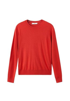 Rode longsleeve crewneck trui met geribbelde manchetten en zoom, plat weergegeven op een witte achtergrond.