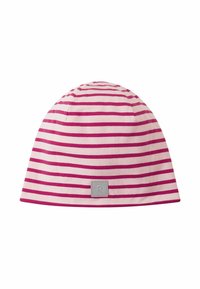 Pasiasta czapka beanie w jasnoróżowym i ciemnoróżowym kolorze z bawełny, charakteryzująca się miękką teksturą oraz kwadratową, szaro-skalami etykietą z wytłoczonym 'R' z przodu.