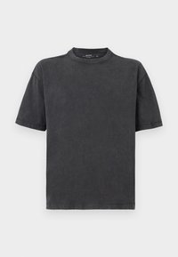 Tricou din bumbac negru, cu o croială lejeră, mâneci scurte și decolteu rotund. Are o finisare texturată și nu prezintă modele sau grafică vizibilă.
