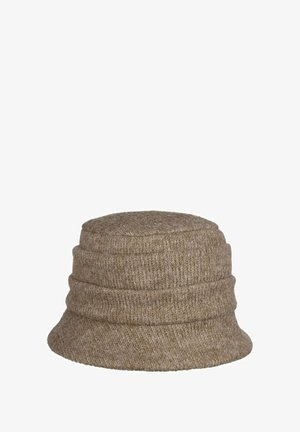 Brown knitted bucket hat with ribbed texture and soft, slightly fuzzy material, displayed against a white background.