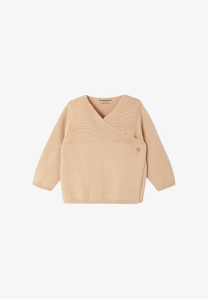 Beige knitted baby cardigan with long sleeves, wrap-front design, and a single button closure on the side, size 3 months.