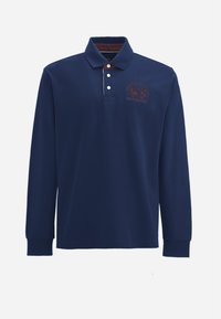 Marineblauw polo shirt met lange mouwen van katoen, voorzien van een twee-knopen-kraag, geborduurd logo in bordeauxrood en een contrasterende kraag.