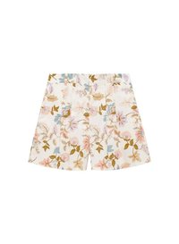 Floral shorts in white fabric featuring light pink, blue, and gold floral patterns; straight cut with a waistband, flat front.