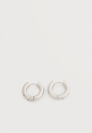 Paio di piccoli orecchini a cerchio in argento spesso con una superficie liscia e lucida su uno sfondo bianco semplice.