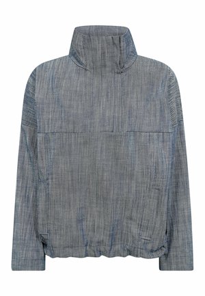 Gray pullover jacket with a high collar, textured fabric featuring a subtle pattern, elasticized hem, and side pockets.