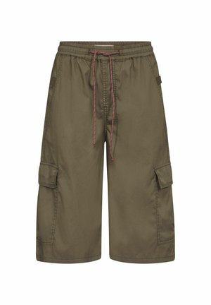 Olijfgroene cargo shorts tot op de knie met een elastische tailleband, verstelbaar trekkoord, zijzakken en klepzakken op beide benen.