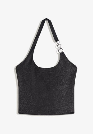 Schwarzes Trägershirt aus glitzerndem Material. Verfügt über einen weiten Ausschnitt und einen verstellbaren Träger mit zwei runden Metalldetails.