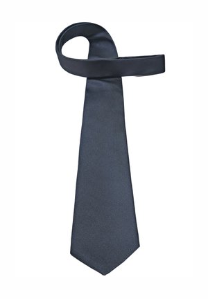 Dark navy blue necktie with a subtle textured pattern, partially looped as if tied, against a plain white background.