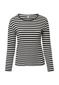 Gestreiftes Longsleeve-Shirt in Schwarz und Weiß, mit gerippter Textur, rundem Halsausschnitt, figurbetonter Passform und kontrastierenden horizontalen Streifen auf dem Stoff.