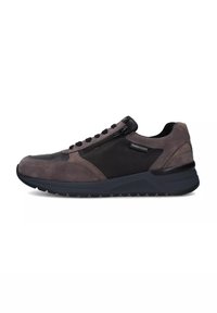 Sneakers stringate in pelle e camoscio grigio scuro e nero, con cerniera laterale, dettagli testurizzati e suola in gomma con una leggera zeppa.