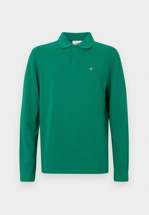 Grünes Langarm-Poloshirt aus Baumwolle mit einem klassischen Kragen, einer Zwei-Knopf-Leiste und einem kleinen gelben CK-Logo auf der Brust.