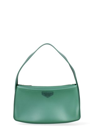 Groene leren handtas met een ronde vorm, een enkele schouderriem en een subtiele logo-detail aan de voorkant. Gladde textuur en minimalistisch ontwerp.