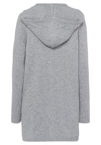Gilet en tricot gris clair avec capuche, présentant des manches longues et des bords côtelés au niveau des poignets et de l'ourlet. Texture douce, design minimaliste.