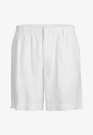 Bijele lanene kratke hlače s elastičnom trakom u struku i malim gumbom. Imaju opušteni kroj i blago raširene otvorene nogavice.