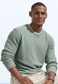 Hellgrüner Strickpullover mit strukturiertem Muster, Rundhalsausschnitt und gerippten Manschetten, lässig zu beigen Hosen getragen.