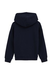 Tumesinine kapuutsiga dressipluus, millel on lihtne disain, soonilised varrukaservad ja ääris. Pehme materjal ja mugav lõige.