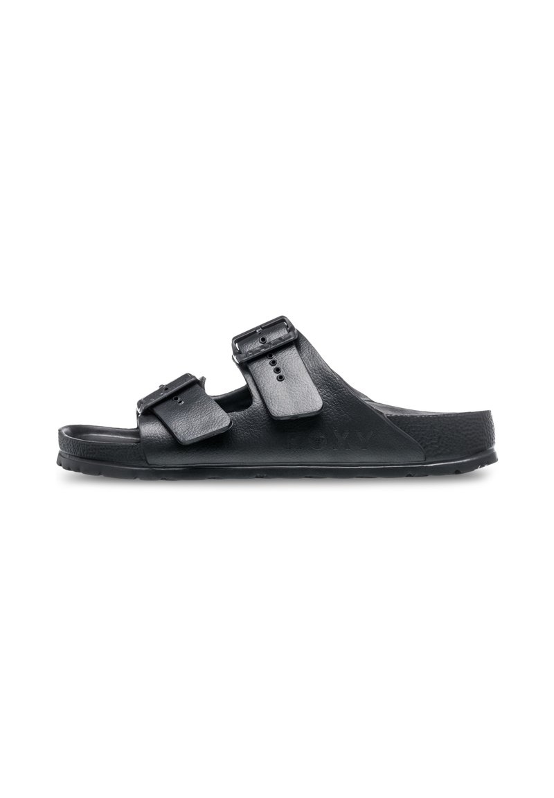 Black sandals with two adjustable straps, made of textured leather, featuring a flat sole and subtle branding on the side.
