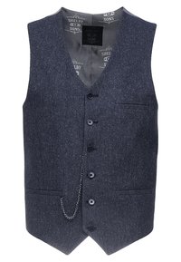 Gilet a spina di pesce blu navy, dotato di cinque bottoni, una tasca sul petto e un dettaglio a catena. Il tessuto è texturizzato con una classica forma sartoriale.