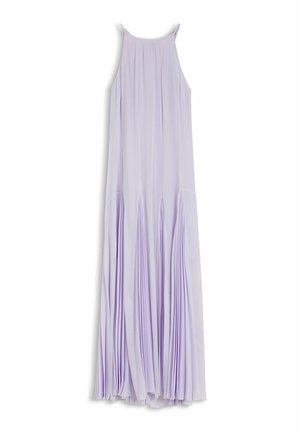 Lichtpaarse mouwloze maxi-jurk met geplooide rok en een hoge halslijn, plat gelegd tegen een witte achtergrond.