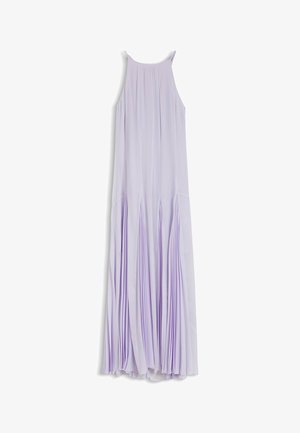 Lichtpaarse mouwloze maxi-jurk met geplooide rok en een hoge halslijn, plat gelegd tegen een witte achtergrond.