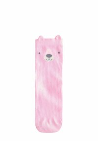 Pink knee-high socks featuring a bear face design with ears, made of soft ribbed material with a smooth texture.