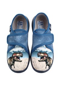Blaue Kinderschuhe aus Stoff mit Klettverschluss; mit einem Dinosaurier-Motiv im Zehenbereich; Gummisohle und gepolsterter Einlegesohle.