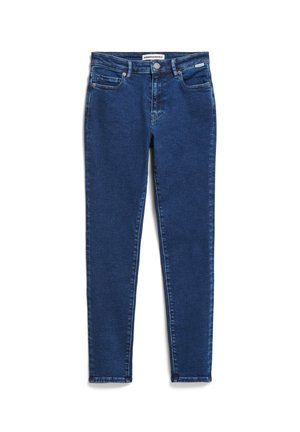 Schmale Jeans aus dunkelblauem Denim mit einer glatten Textur, ausgestattet mit fünf Taschen sowie einem Frontverschluss mit Knopf und Reißverschluss.