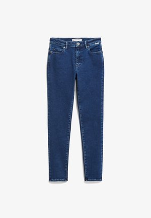 Schmale Jeans aus dunkelblauem Denim mit einer glatten Textur, ausgestattet mit fünf Taschen sowie einem Frontverschluss mit Knopf und Reißverschluss.