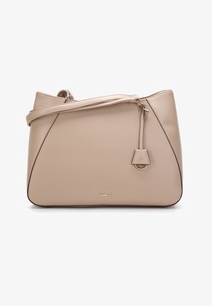 Beige leather shoulder bag with slim strap, minimalist design, stitched detailing, a small hanging tab with metal ring, and a "WITTCHEN" logo plaque.