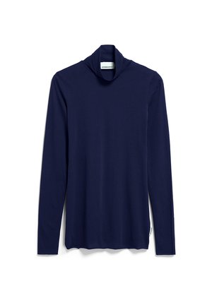 Marineblaue Langarm-Turtleneck aus weichem, dehnbarem Material. Verfügt über einen hohen Kragen und eine glatte Textur ohne Muster oder Akzente.
