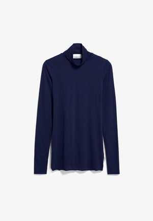 Marineblauwe lange mouwen coltrui van zachte, rekbare stof. Heeft een hoge kraag en een zachte textuur zonder patronen of accenten.