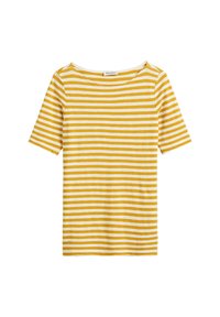 Geel en wit gestreepte T-shirt met korte mouwen en een wijde halslijn. Gemaakt van zachte stof, met gelijkmatig verdeelde horizontale strepen.