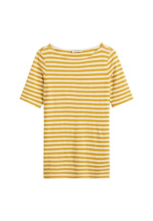 Yellow and white striped short-sleeve T-shirt with a wide neckline. Made from soft fabric, featuring evenly spaced horizontal stripes.