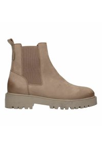 Beige Chelsea-Stiefel mit elastischen Seiteneinsätzen, aus glattem Wildleder, mit runder Zehenform und einer stabilen Gummisohle mit tiefen Profilen für besseren Halt.