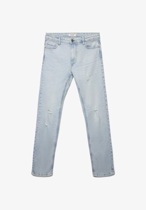 Jasnoniebieskie jeansy z denimu o prostym kroju, ozdobione przetarciami i zaprojektowane z pięcioma kieszeniami. Zapięcie na guzik i suwak w pasie.