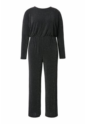 Sort jumpsuit lavet af et struktureret, glitrende stof, med lange ærmer, rund halsudskæring, elastisk talje og vide benåbninger.